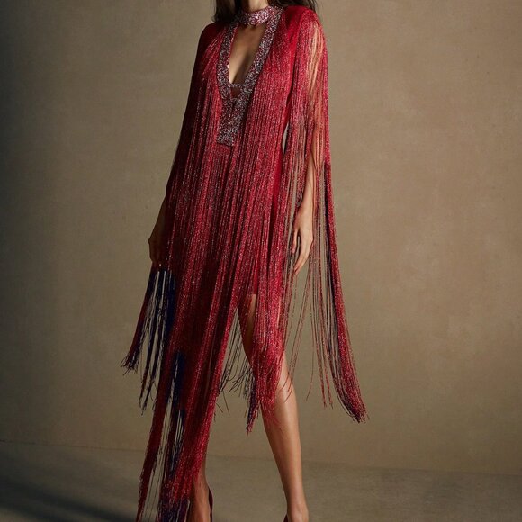 Red Party Women's Bandage Fringe V-Neck Rhinestone Tight-Fitting Dress - Picture 6 of 7